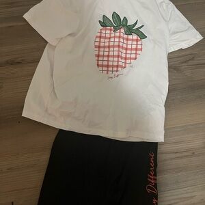 SHEIN White and Black Pajama Set with Plaid Strawberry Print